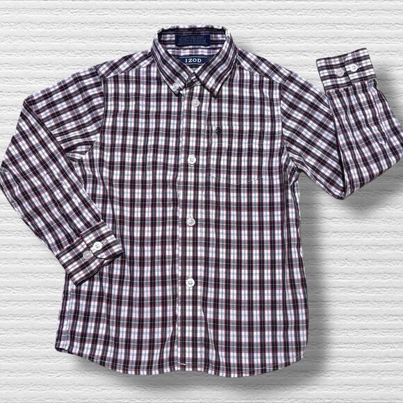 Izod Boys Red And Black Plaid Button Down Cotton Shirt Size 5 Regular - Picture 1 of 4